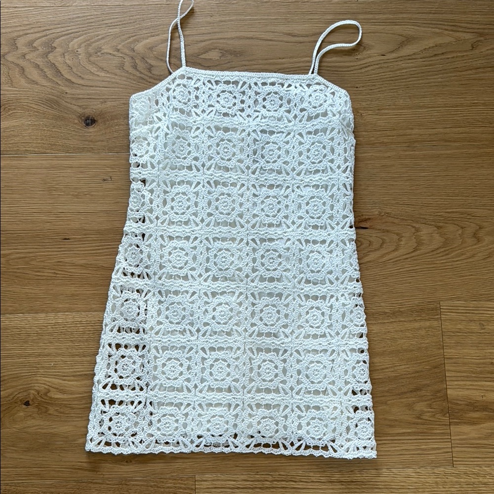 White Spaghetti Strap Crochet Mini Dress